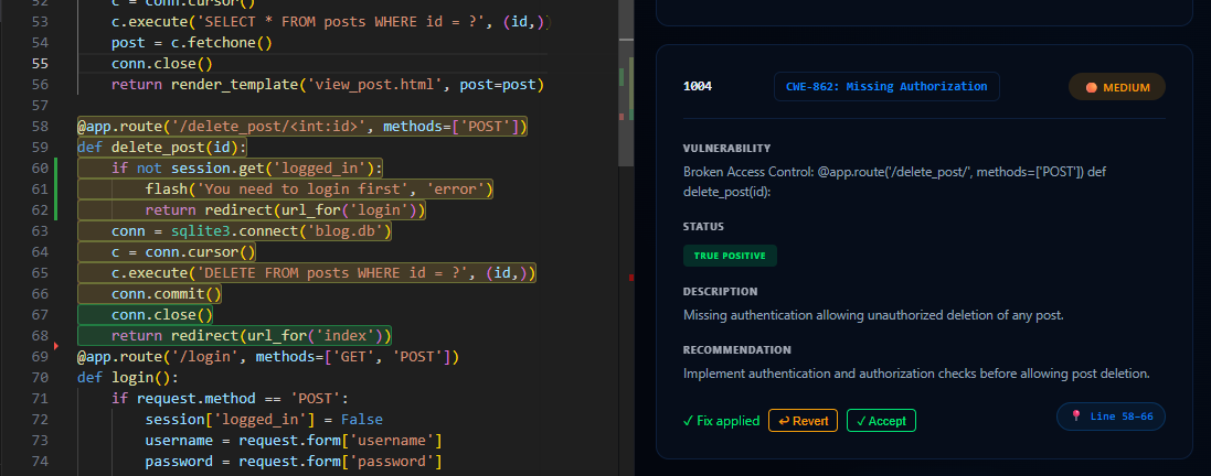 VS Code editor showing green-highlighted lines where the AI auto-fix was applied